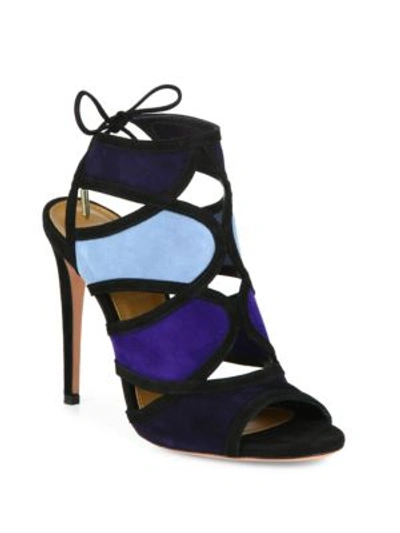 Shop Aquazzura Vika Multicolor Suede Sandals In Blue-multi