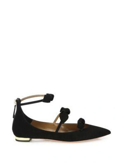 Shop Aquazzura St. Tropez Tied Suede Point-toe Flats In Black