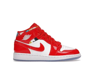 Pre-owned Jordan 1 Mid Barcelona Sweater Red Patent Sneakers In Chile Red/white/pollen In Multi