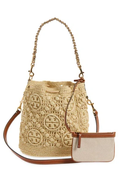 Tory Burch T Monogram Raffia Bucket Bag In Brown