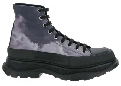 Pre-owned Alexander Mcqueen Men's  Sky Print Tread Slick Boots Sneakers In Black/blue