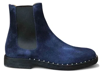 Pre-owned Valentino Garavani Men's  Suede Soul Rockstud Chelsea Boots Sneakers In Oceano Blue