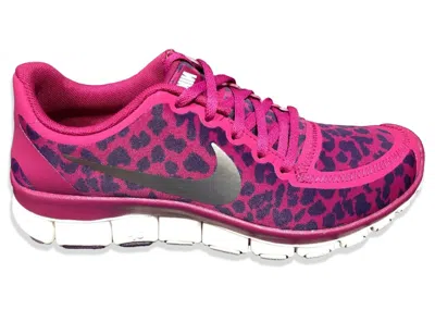 Pre-owned Nike Free 5.0 V4 (women's) Sneakers In Raspberry Red/metallic Silver/green Glow