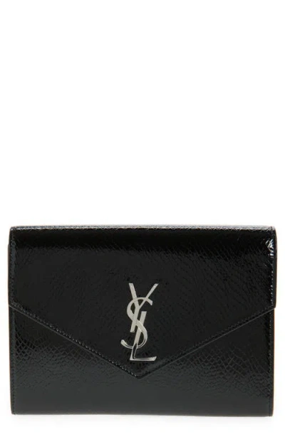 Saint Laurent Cassandre Snakeskin Embossed Patent Leather Envelope Wallet