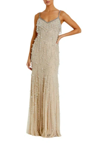 Mac Duggal V-neck Net Gown With Thin Straps And Elegant Embellishments In Neutral