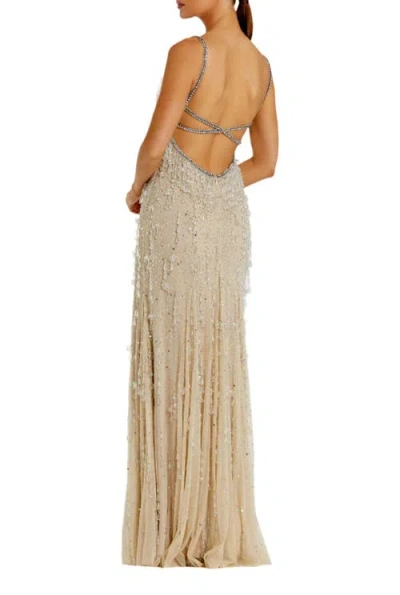 Mac Duggal V-neck Net Gown With Thin Straps And Elegant Embellishments In Neutral