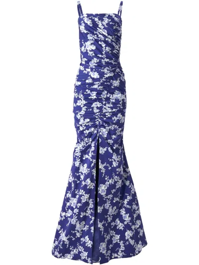 Carolina Herrera Floral-print Gathered Gown In Blue