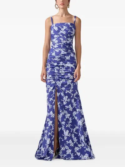 Carolina Herrera Floral-print Gathered Gown In Blue