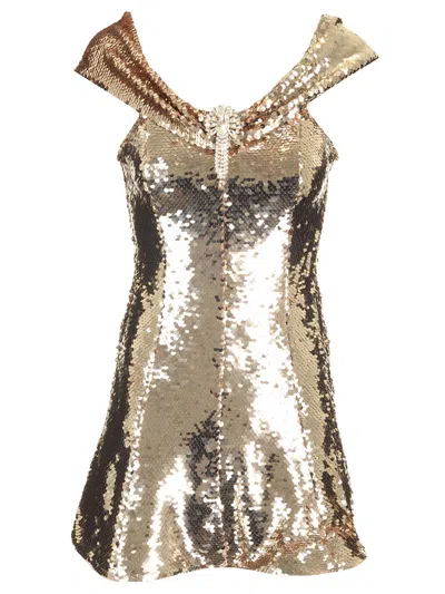 Shop Self-portrait Gold Sequin Off Shoulder Mini Dress Dresses Gold