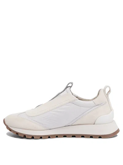 Brunello Cucinelli Women Slip On Sneakers In Leather And Fabric In Neutral