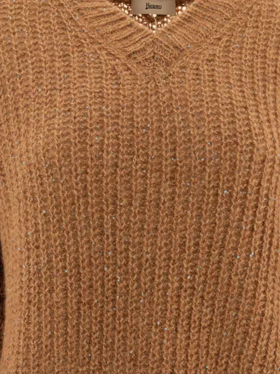 Herno Sequined Brown Knit Sweater With V-neckline
