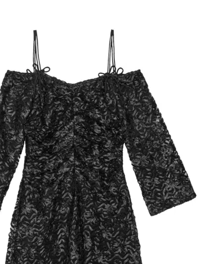 Ganni Off-shoulder Bow-pattern Minidress In Black