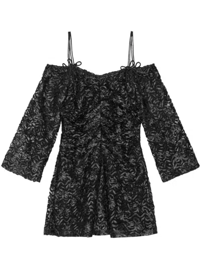 Ganni Off-shoulder Bow-pattern Minidress In Black