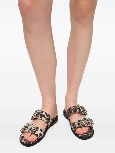 Ganni Leopard Print Buckle Slide Double Strap