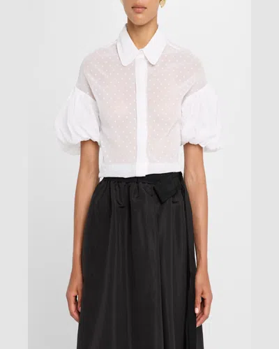 Dice Kayek Polka-dot Puff-sleeve Button-down Shirt In White