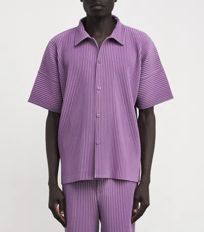 Issey Miyake Ns Viola Purple Pleated Spread-collar Short-sleeve Knitted Shirt