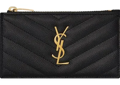 Pre-owned Saint Laurent Women's  Monogram Fragments Zippered Card Case Grain De Poudre In Black