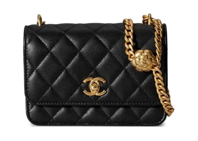 Pre-owned Chanel Women's  Camellia Adjusting Buckle Chain With Gold Cc Logo Mini Woc In Black (ap3319/b10702/94