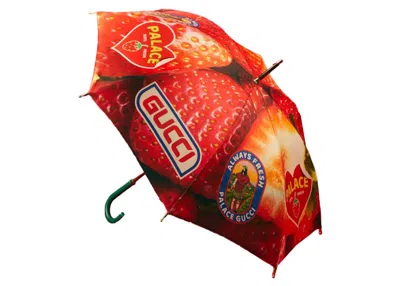 Pre-owned Palace X Gucci Strawberry Print Leather Handle Rain Umbrella In Red
