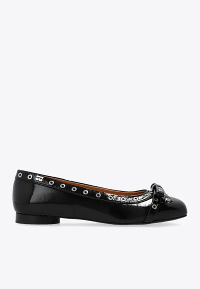 Ganni Black Patent Ballet Flat Shoe With Bows