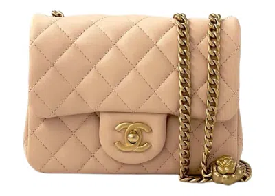 Pre-owned Chanel Women's  Flap Bag With Camellia Chain 17cm In Beige (as4040/b10716/nn269)