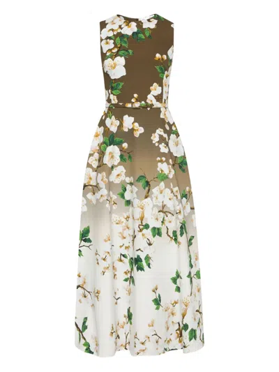 Oscar De La Renta Sleeveless Ombre Ankle Length Cherry Blossom Dress In White Khaki Ombre