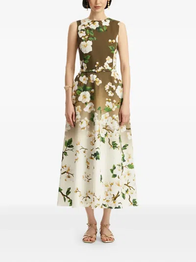 Oscar De La Renta Sleeveless Ombre Ankle Length Cherry Blossom Dress In White Khaki Ombre