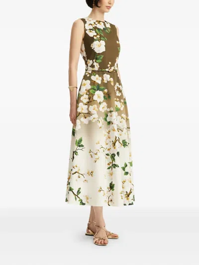 Oscar De La Renta Sleeveless Ombre Ankle Length Cherry Blossom Dress In White Khaki Ombre