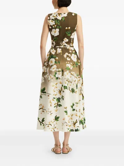 Oscar De La Renta Sleeveless Ombre Ankle Length Cherry Blossom Dress In White Khaki Ombre