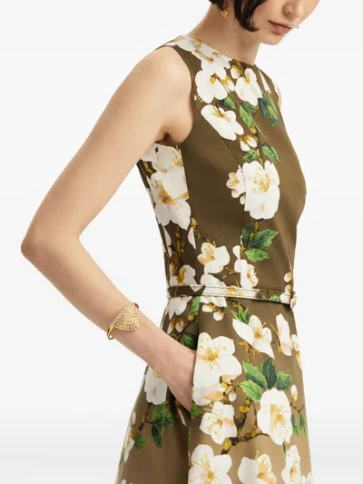 Oscar De La Renta Sleeveless Ombre Ankle Length Cherry Blossom Dress In White Khaki Ombre
