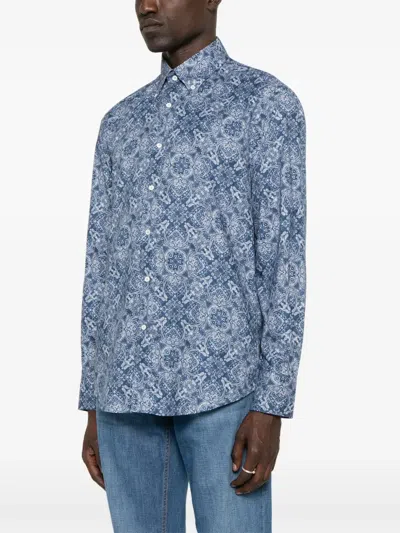 Brunello Cucinelli Intricate Paisley Print Cotton Shirt In Blue