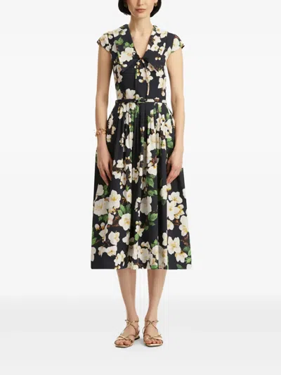 Oscar De La Renta Cherry Blossom Cotton Poplin Pleated Dress In Black