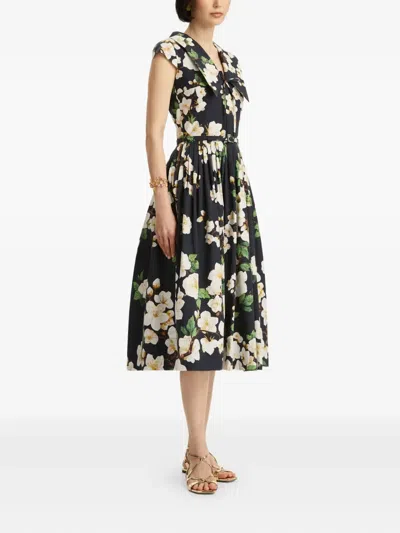 Oscar De La Renta Cherry Blossom Cotton Poplin Pleated Dress In Black