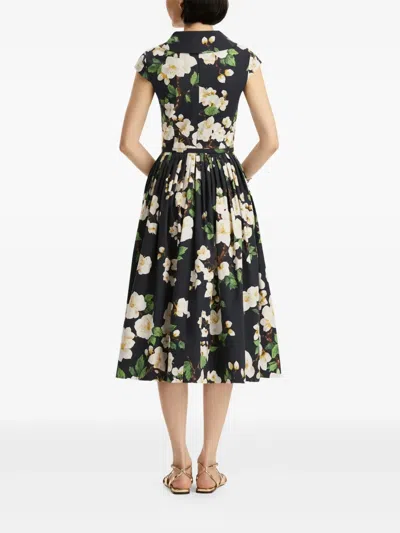 Oscar De La Renta Cherry Blossom Cotton Poplin Pleated Dress In Black