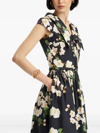 Oscar De La Renta Cherry Blossom Cotton Poplin Pleated Dress In Black