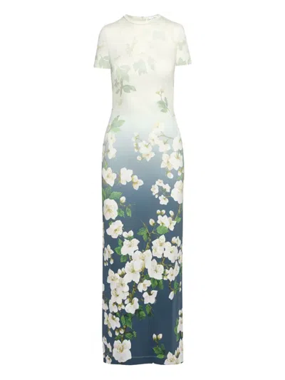 Oscar De La Renta Short Sleeve Cherry Blossom Jersey Dress In Navy