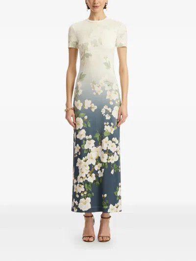 Oscar De La Renta Short Sleeve Cherry Blossom Jersey Dress In Navy