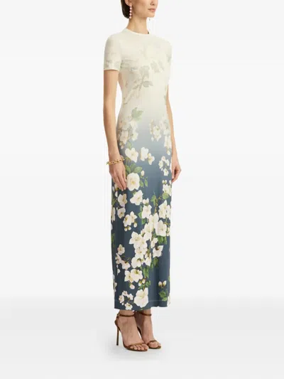 Oscar De La Renta Short Sleeve Cherry Blossom Jersey Dress In Navy