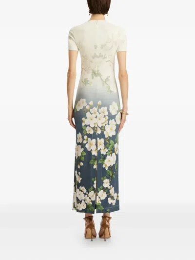 Oscar De La Renta Short Sleeve Cherry Blossom Jersey Dress In Navy