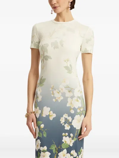 Oscar De La Renta Short Sleeve Cherry Blossom Jersey Dress In Navy