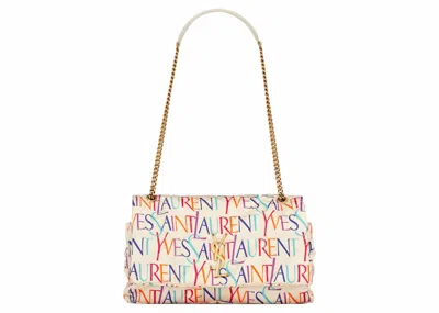 Pre-owned Saint Laurent Women's  Jamie Chain Bag Carre Rive Gauche In Printed Silk Medium In Blanc