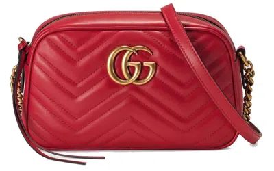 Pre-owned Gucci Women's  Gg Marmont Camera Bag Matelasse Small In Hibiscus Red