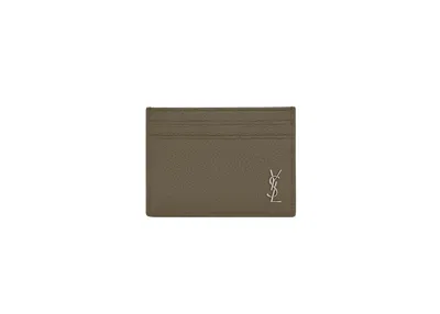 Pre-owned Saint Laurent Tiny Cassandre Card Case In Grained Leather In Dark Khaki