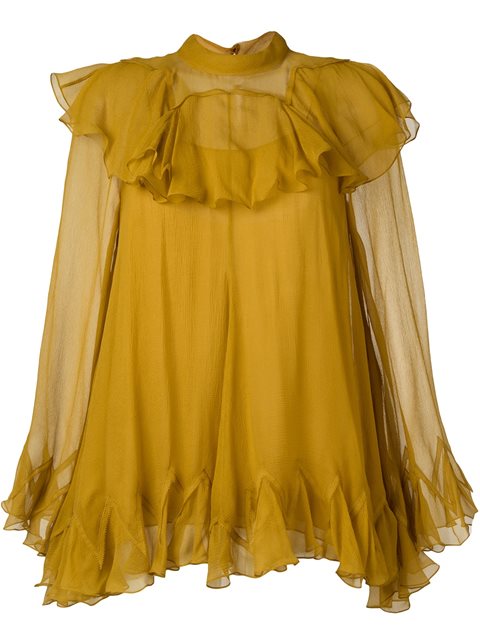 Chloé High-neck Silk-crepon Ruffled Blouse In Yellow | ModeSens