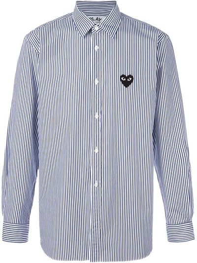 Comme Des Garçons Play Mens Cdg Embroidered Heart Stripe Cotton Shirt Xl In Blue