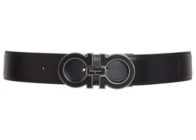 Pre-owned Ferragamo Reversible And Adjustable Gancini Belt In Black/titanium