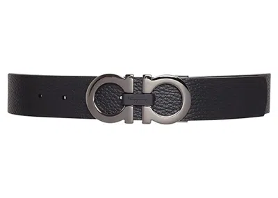Pre-owned Ferragamo Reversible And Adjustable Gancini Belt Textured In Black/hickory
