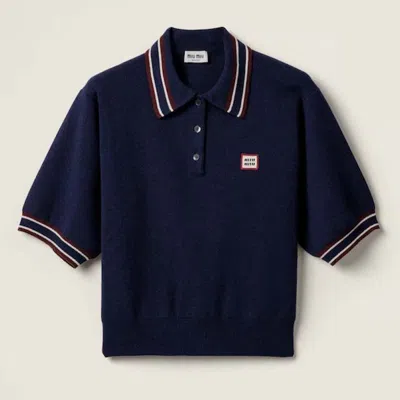 Pre-owned Miu Miu Women's  Wool And Cashmere Polo Shirt Sweater In Navy Blue