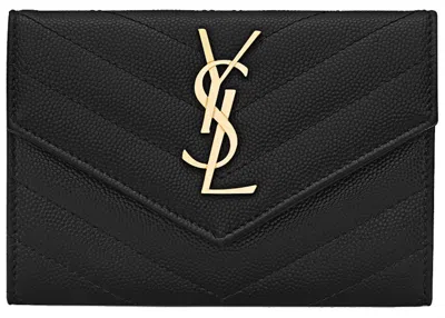 Pre-owned Saint Laurent Women's  Cassandre Grain De Poudre Envelope Wallet Small In Noir