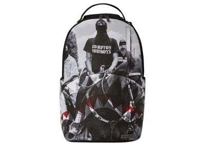 Pre-owned Sprayground Compton Cowboys Riding Alone Backpack In Black/white